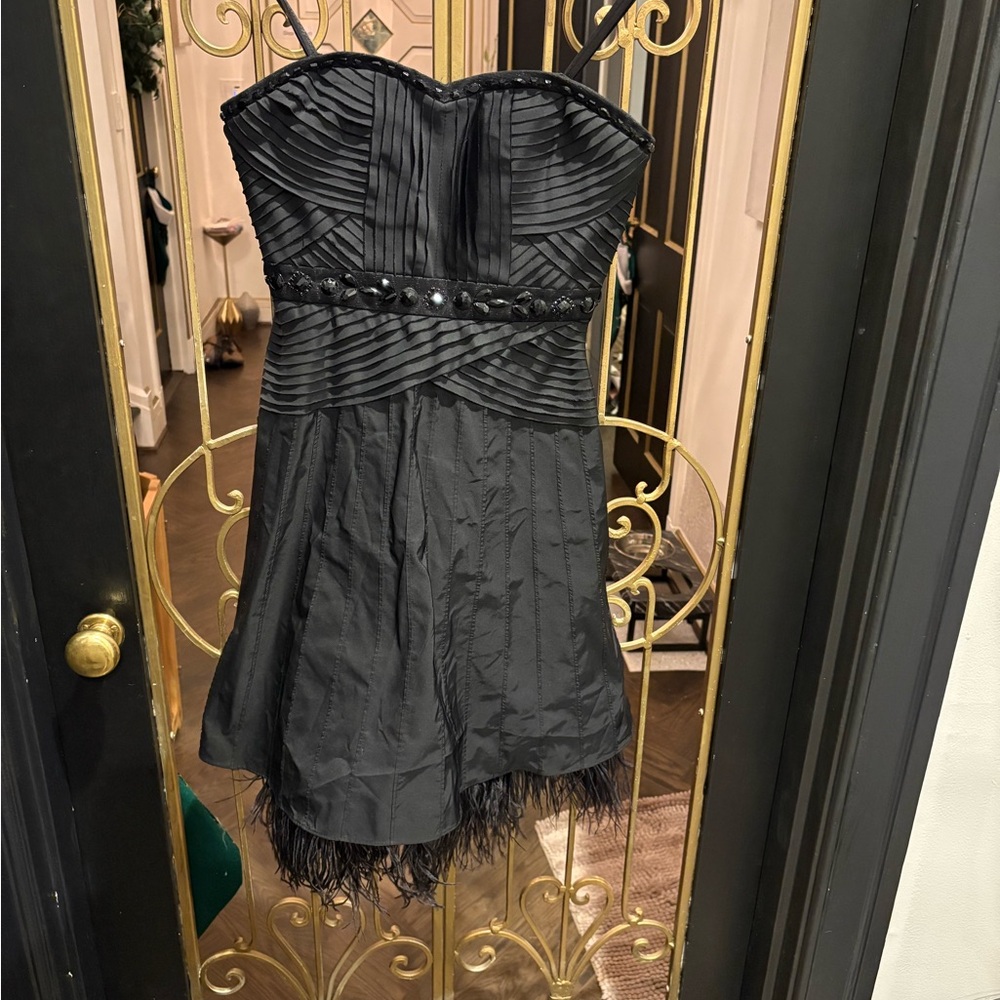 BCBGMaxAzria Black Strapless sweat heart  Dress with Feather rhinestones size 0